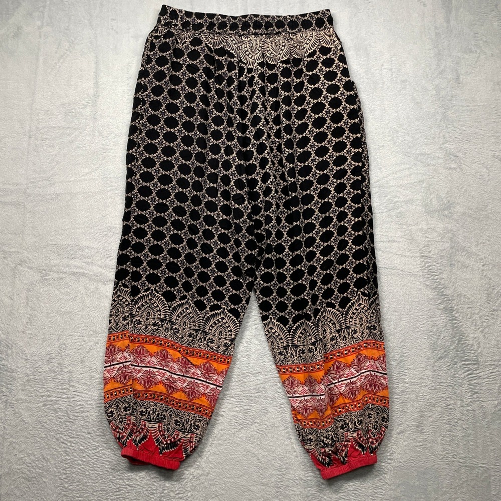 Angie Harem Pants Women Large Black Orange Boho Paisley Medallion Rayon Jogger - Picture 9 of 9